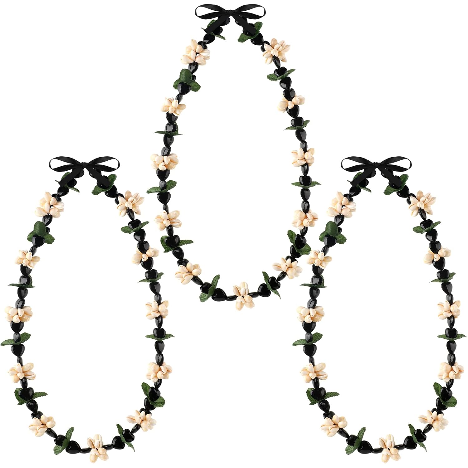 Rtteri Graduation Kukui Nuts Lei Hawaiian Leis with Cowrie Shell Faux Leaf 32'' Adjustable Luau Party Accessories for Men Women