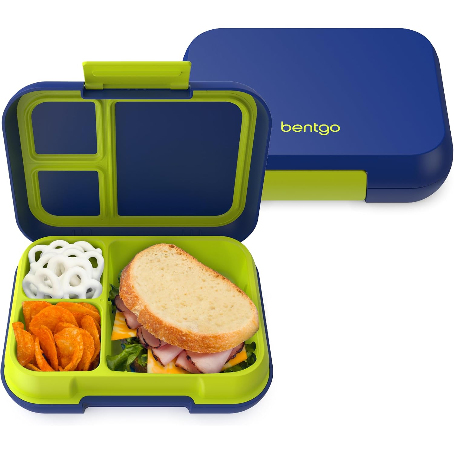 Bentgo Pop - Leak-Proof Lunch Box & Removable Divider For Ages 8+ & Teens - Lunch Container Holds 5 Cups Of Food; 3-4 Compartments; Microwave/Dishwasher Safe; 2 Year Warranty (Navy Blue/Chartreuse)