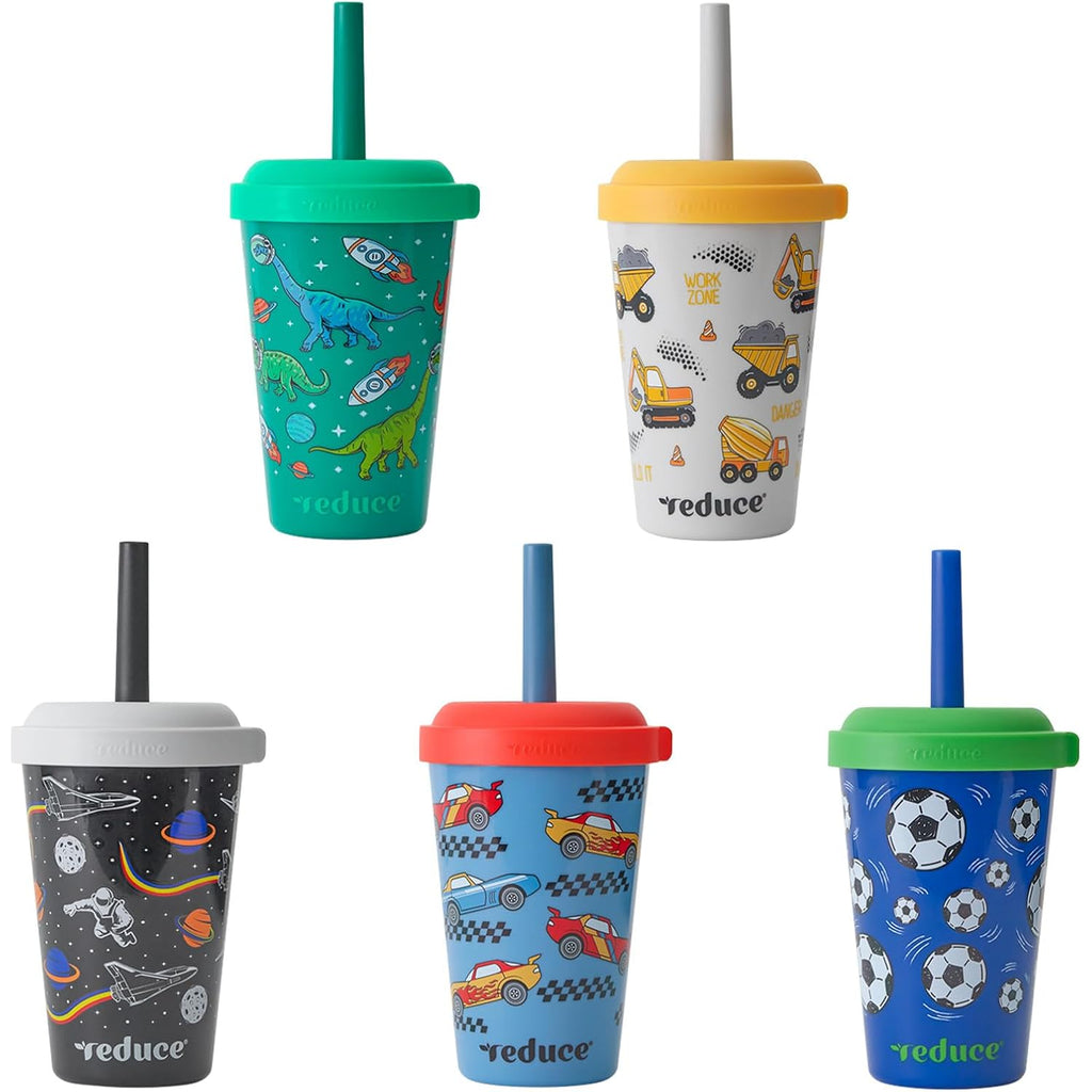 Reduce Gogo'S Kids Portable Tumbler Cups With Lids And Spill-Proof Straws - 5 Pack Of Stackable 12 Oz Tumblers With Twist-On Lids - Easy Storage, Dishwasher Safe - New Explorer