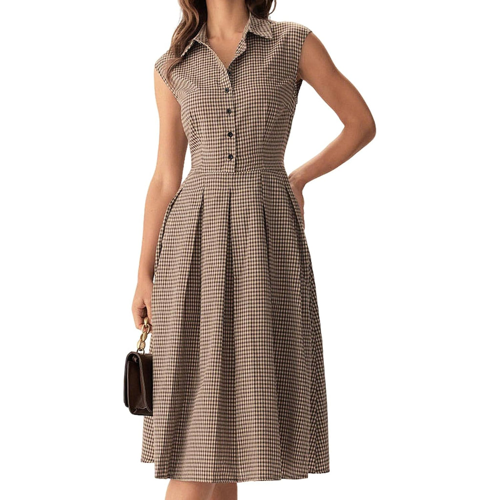 Rihoas Women'S Plaid Dress Sleeveless Button Up Midi A Line Dress Office Work Dress