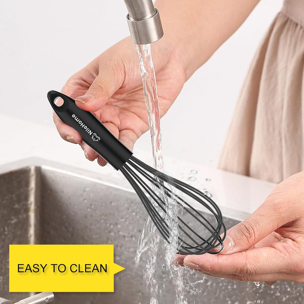 Silicone Whisk Set 8" 10" Kitchen Whisk Kitchen Wisk Wire Whisks For Cooking, Whisking, Blending, Beating, Stirring-Black