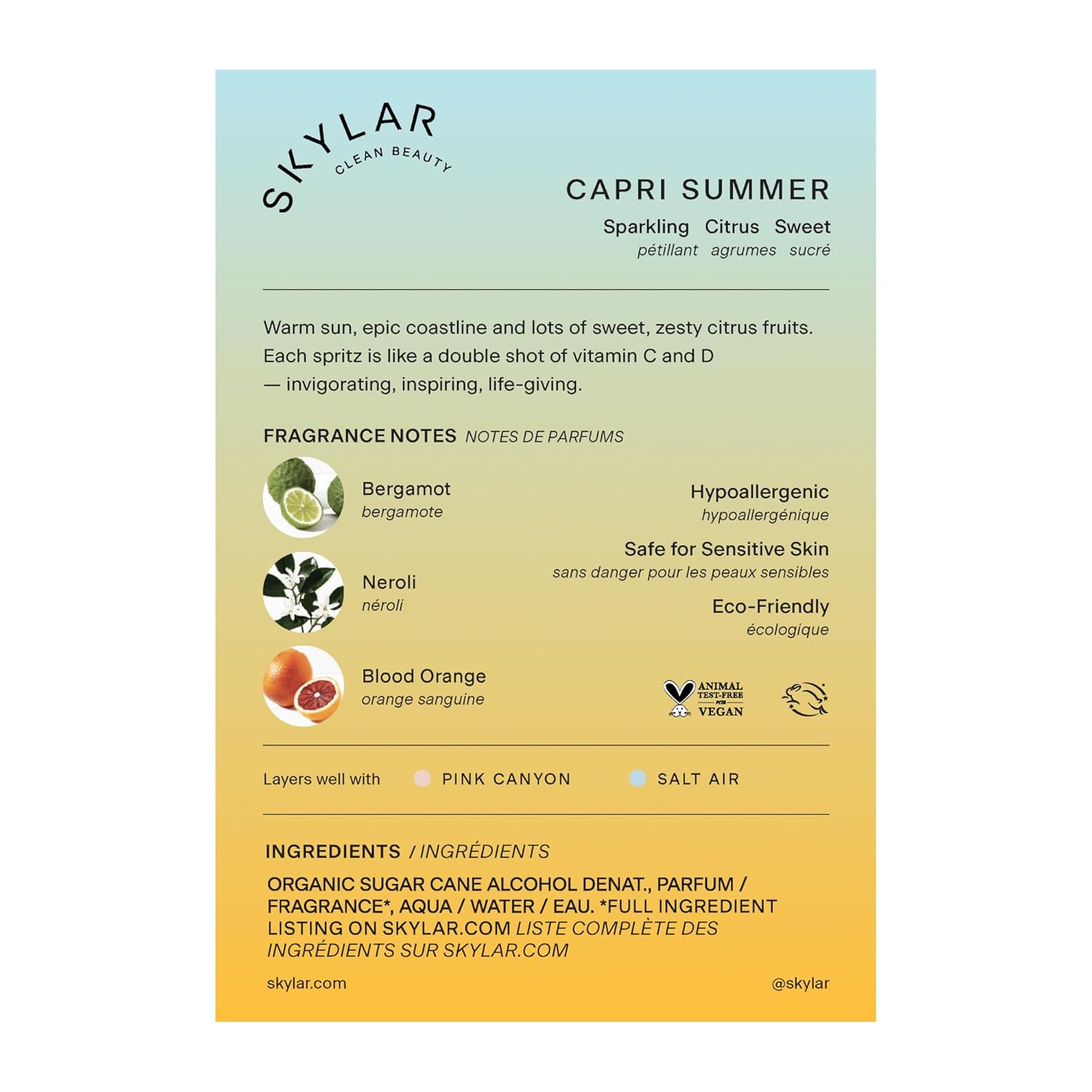 Skylar Capri Summer Eau de Parfum - Hypoallergenic & Clean Perfume for Women & Men, Vegan & Safe for Sensitive Skin - Fruity Citrus Perfume, Bergamot, Neroli & Blood Orange - 50mL /1.7 Fl oz
