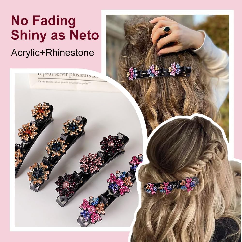 3 Pcs Sparkling Crystal Stone Braided Hair Clips, 2025 New Satin Fabric Hair Bands Rhinestone Four-Leaf Clover Hair Clip For Styling, Duck Bill Clips For Women Girls, Color F