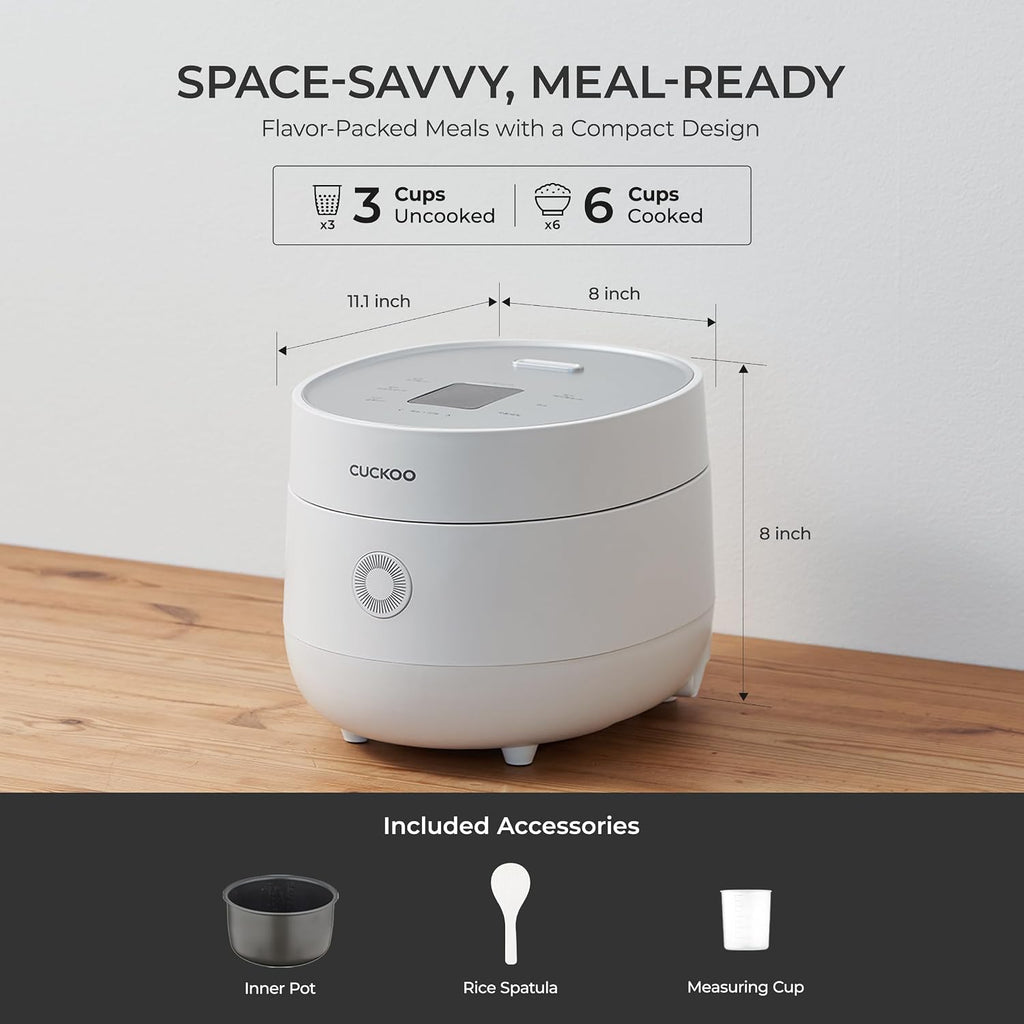 Cuckoo Micom Rice Cooker 3-Cup Uncooked / 6-Cup Cooked With Nonstick Inner Pot, Small Rice Maker With 8 Menu Options, Fuzzy Logic Technology, Auto Clean, Quick Rice Mode, White (Cr-0375Fw)