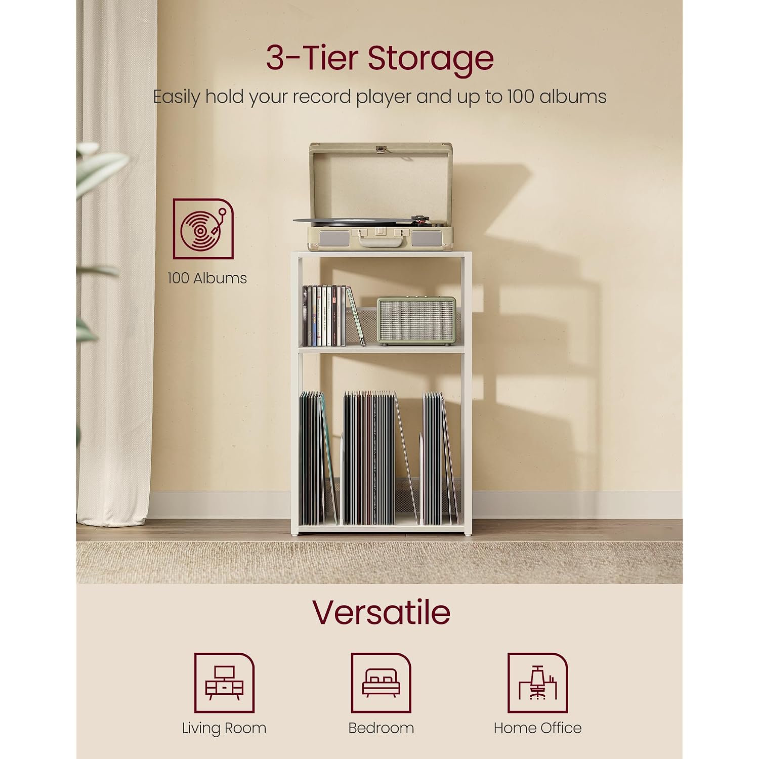 Vasagle Record Player Stand, 3-Tier Side Table, Vinyl Record Storage Up To 100 Albums, End Table For Living Room, Bedroom, Rustic White Ulet275W01
