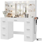 Furmax Vanity Desk With Mirror, Led Lights And Power Outlet Makeup Vanity Table With 7 Drawers And 6 Storage Shelves Dressing Table For Bedroom Dressing Room (White)