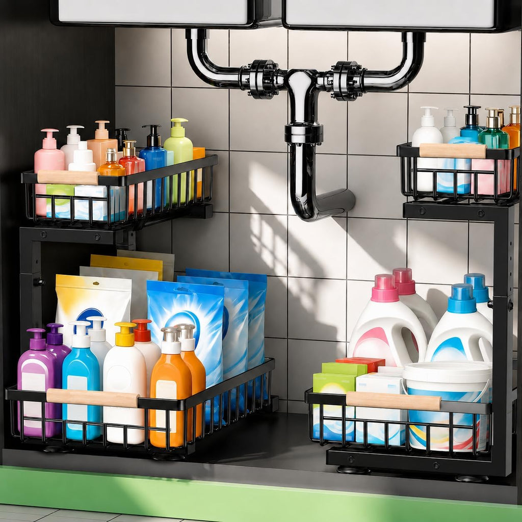 Under Sink Organizer, Pull Out Kitchen Storage Cabinet Organizer, Adjustable 2-Tier Metal Slide Out Shelf Organizer For Bathroom Laundry Kitchen Storage With Sliding Drawers, Black, 2 Pack