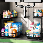 Under Sink Organizer, Pull Out Kitchen Storage Cabinet Organizer, Adjustable 2-Tier Metal Slide Out Shelf Organizer For Bathroom Laundry Kitchen Storage With Sliding Drawers, Black, 2 Pack
