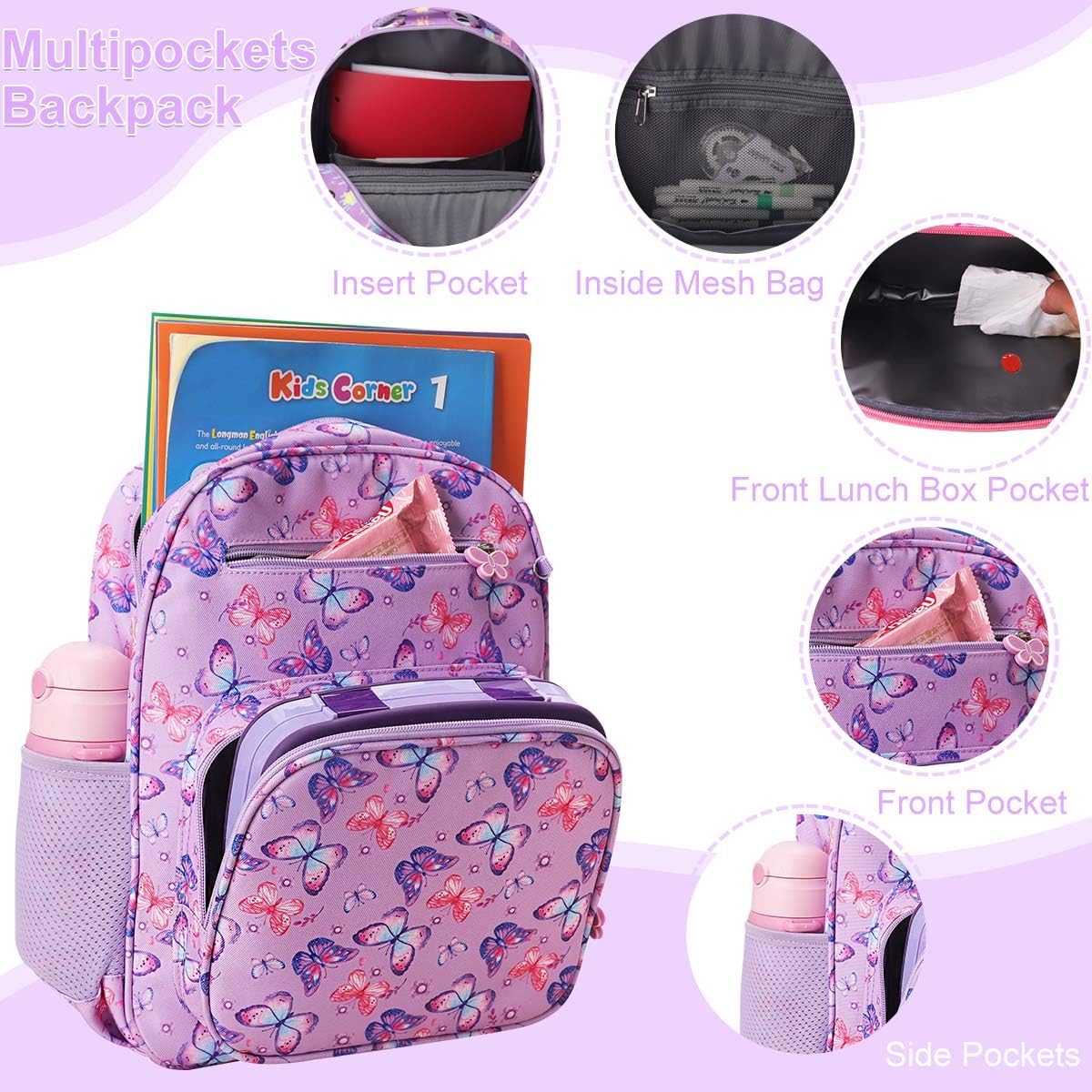 Rhcpfovr Kids Backpack For Girls - Girls Backpack 3-8 Ages Butterfly For Kids 15 Inch School Bookbag For Kindergarten Elementary School Bookbag For Girl 1St 2Nd Grade