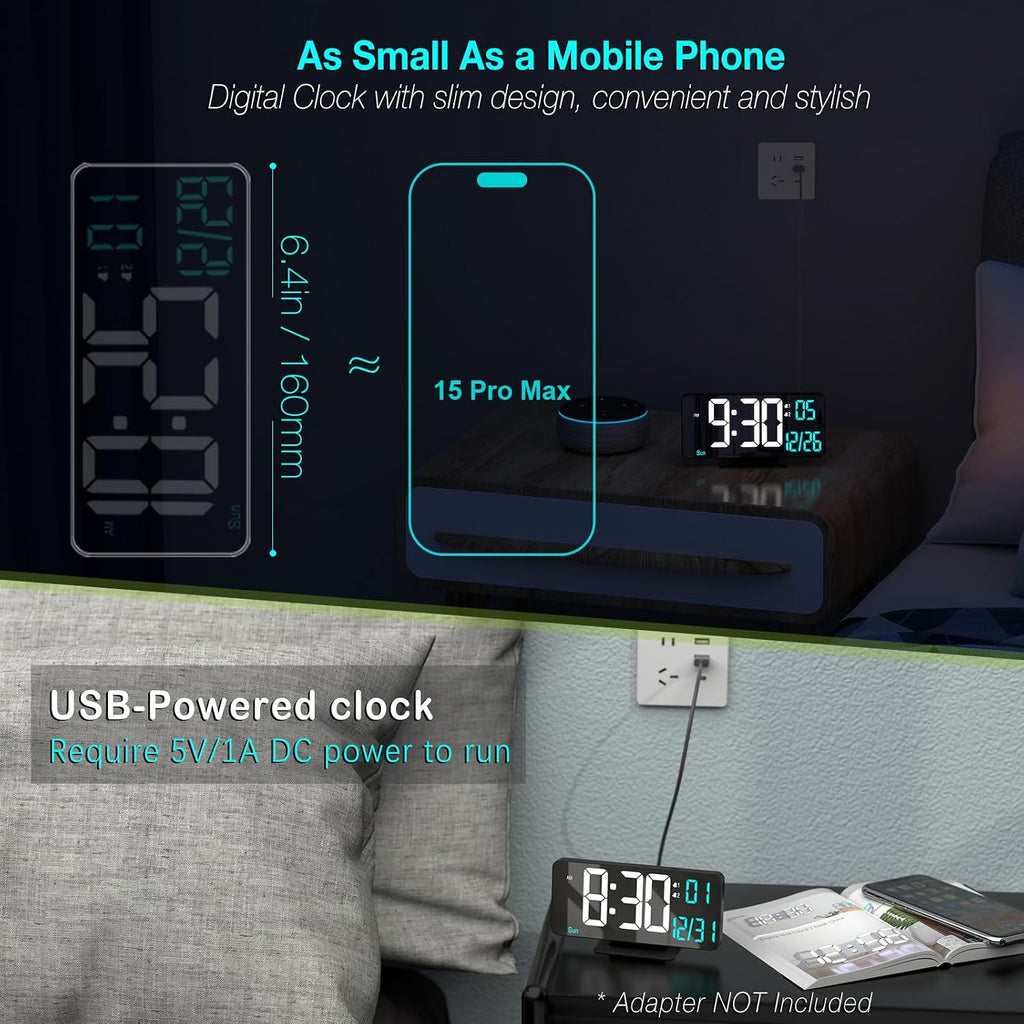 Digital Alarm Clock 6.7In Black Clock For Bedroom, Dual Alarm, Date, Seconds,Day Of Week,12/24H,Dimming, Temp, Desk Clock, Led Clock For Living Room, Calendar Digital Clock