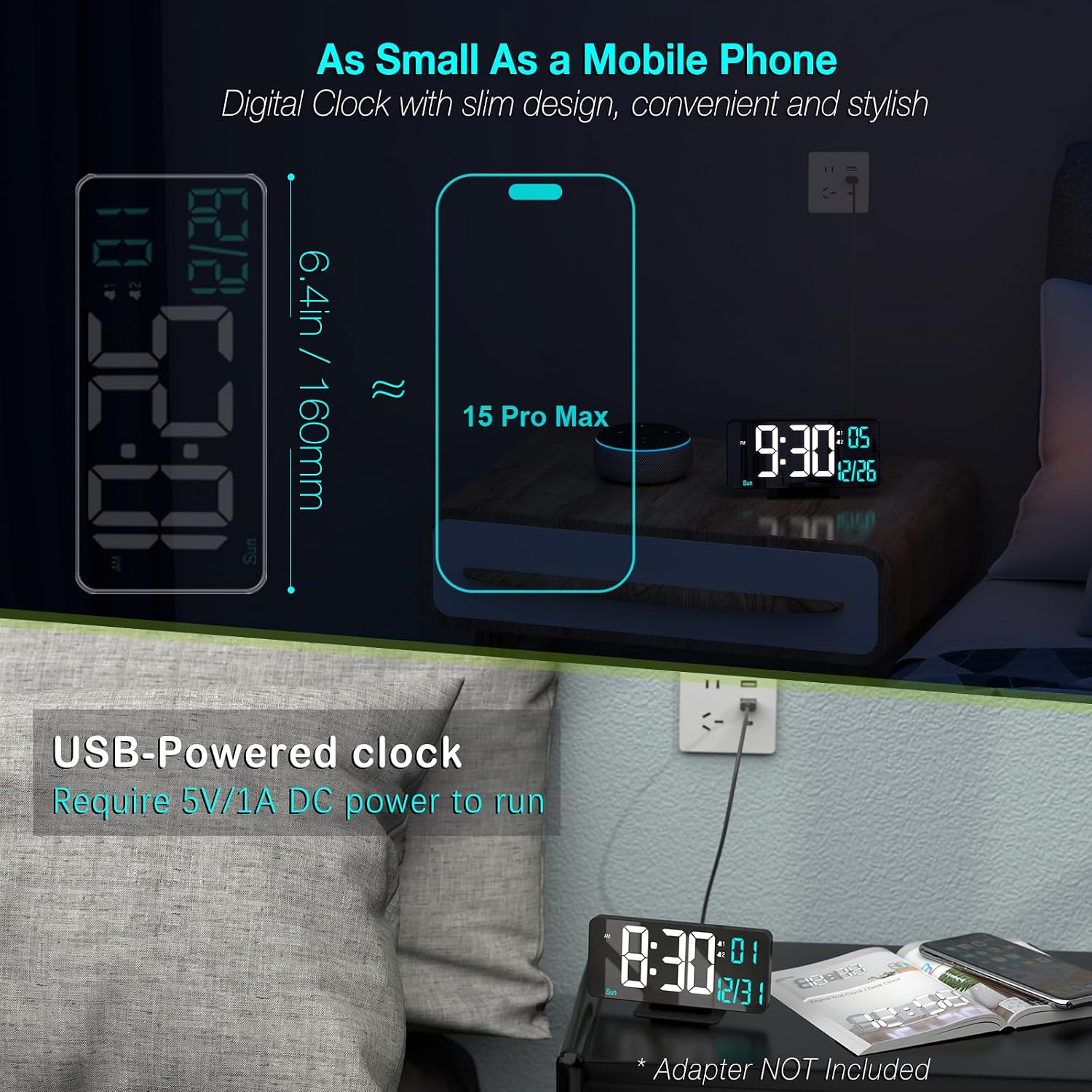 Digital Alarm Clock 6.7In Black Clock For Bedroom, Dual Alarm, Date, Seconds,Day Of Week,12/24H,Dimming, Temp, Desk Clock, Led Clock For Living Room, Calendar Digital Clock