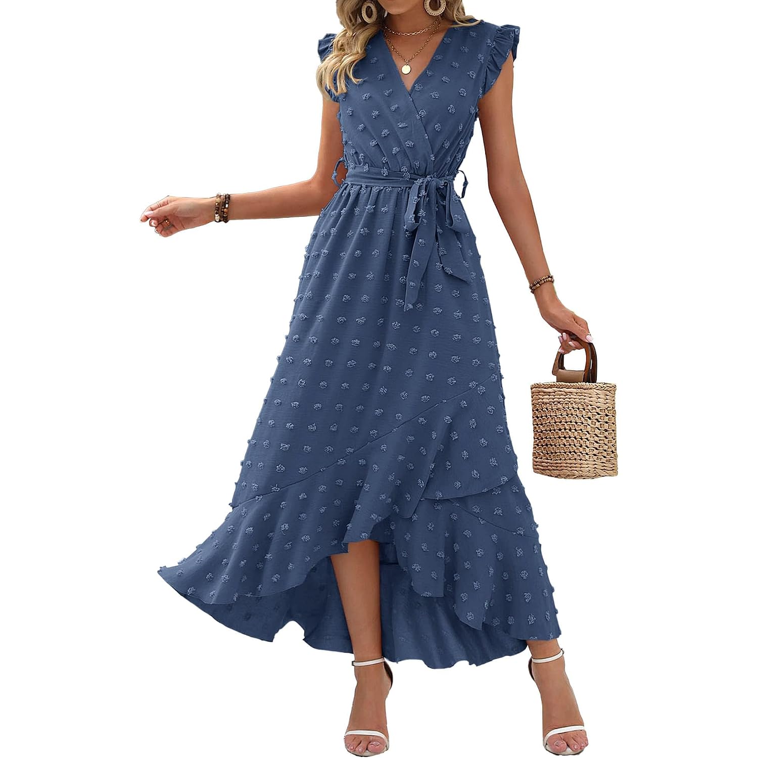 Btfbm Boho Dresses For Women 2026 Summer Fashion Cap Sleeve Swiss Dot Flowy Ruffle Beach Wedding Cocktail Maxi Dress