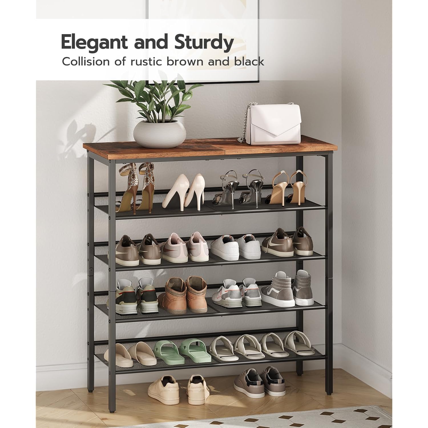 Hoobro Shoe Rack For Entryway, 5-Tier Shoe Organizer With Adjustable Mesh Shelves, 16-20 Pairs Of Shoes, Spacious Floor Mount, Metal, Industrial, Shoe Shelf For Closet, Rustic Brown Bf12Xj01