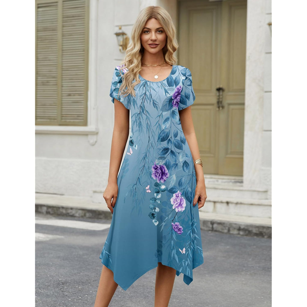 Zeagoo Womens Casual Dress For Summer Short Sleeve Loose Flowy Beach Dress With Pockets Hankerchief Flare Midi Sundress 2026