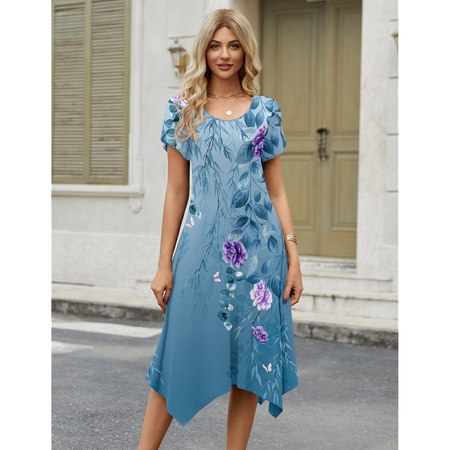 Zeagoo Womens Casual Dress For Summer Short Sleeve Loose Flowy Beach Dress With Pockets Hankerchief Flare Midi Sundress 2026