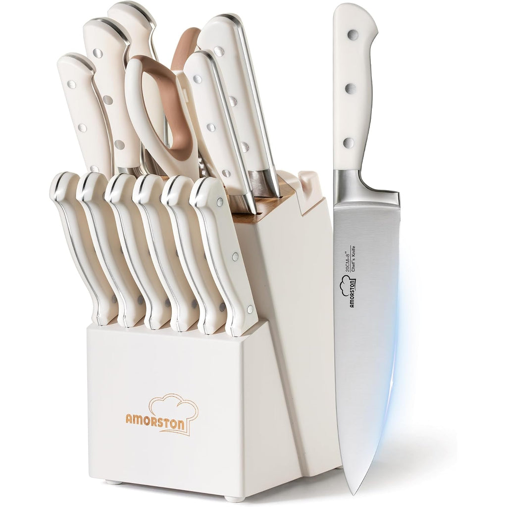 Knife Set, Kitchen Knives Set With Block And Sharpener 14 Pcs Full Tang Knives German Stainless Steel Dishwasher Safe Kitchen Utensils Set With Ergonomic Handle Gifts For Women