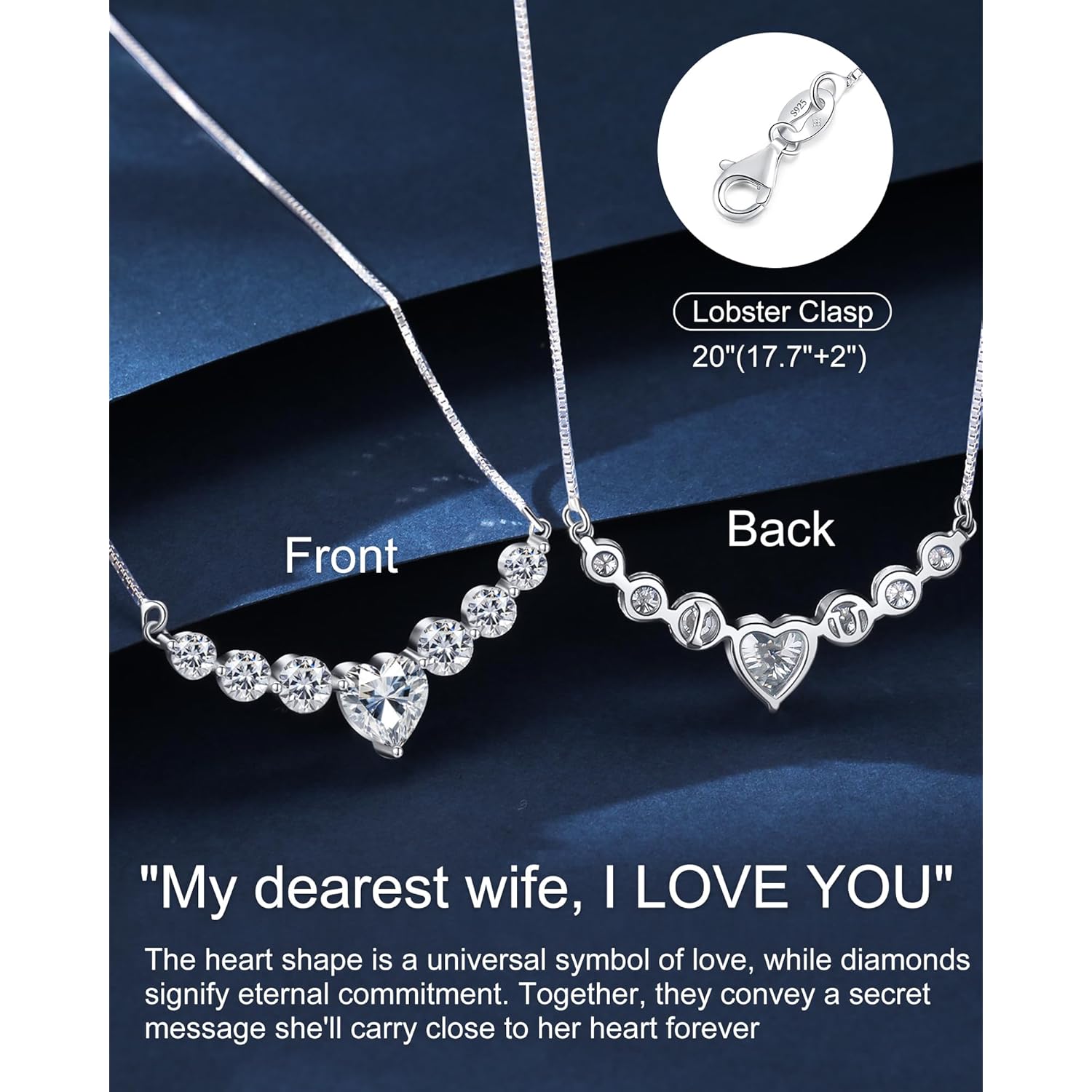 Moissanite Necklace for Women, 1.7-7.6 Carat Heart Necklace Engraved 'I LOVE YOU' Gift for Wife, Wedding Anniversary Birthday Gifts for Women, Jewelry Gifts for Her Wife Mom Girlfriend Lady