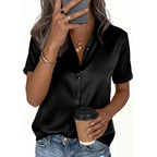 Prettygarden Womens 2026 Summer Button Down Shirts Short Sleeve Work Tops Dressy Satin Blouses Spring Business Casual Outfits