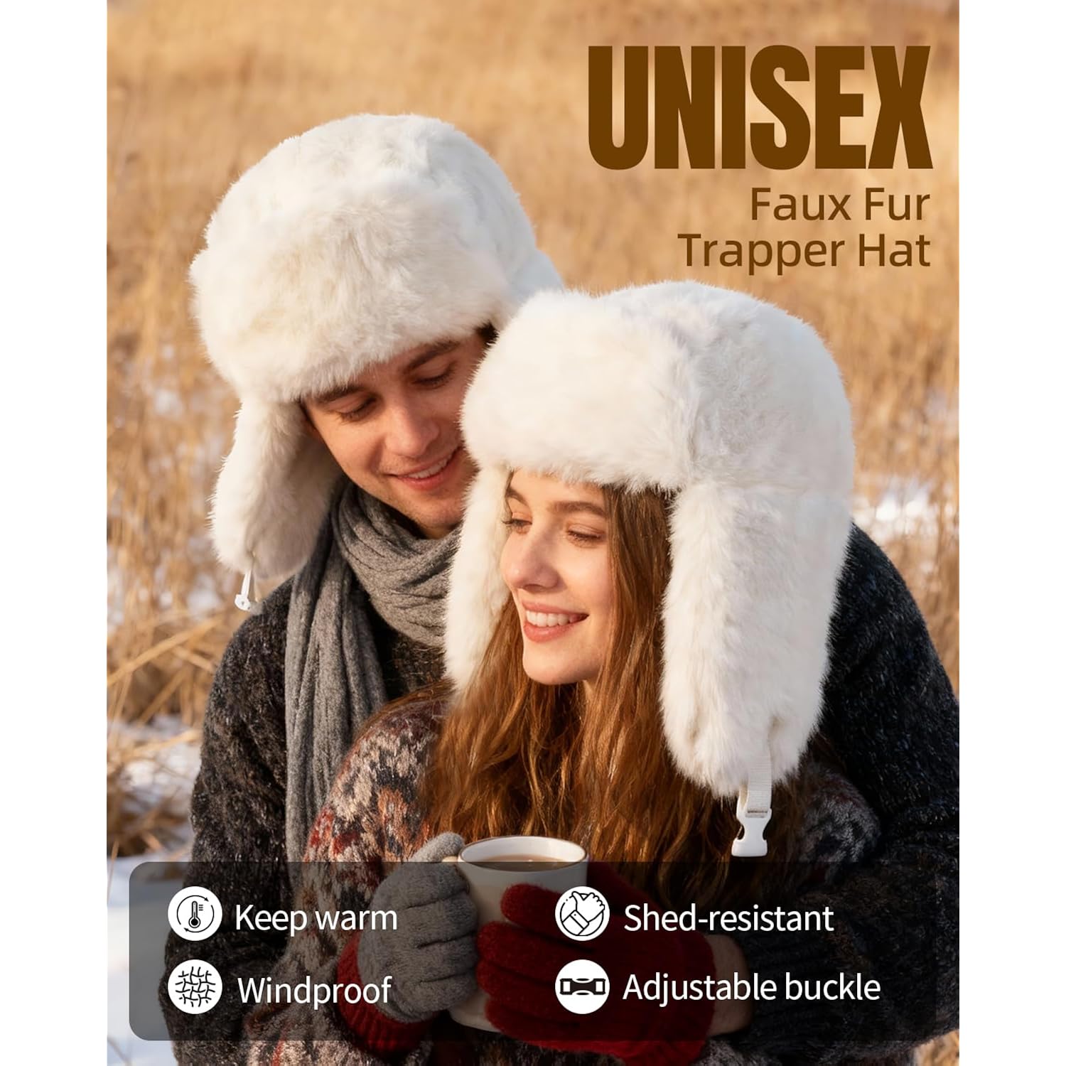 Ushanka Hat for Men Women Winter Cozy Plush Fur Russian Hat with Ear Flaps, Fluffy Furry Fuzzy Windproof Warm Trapper Hat