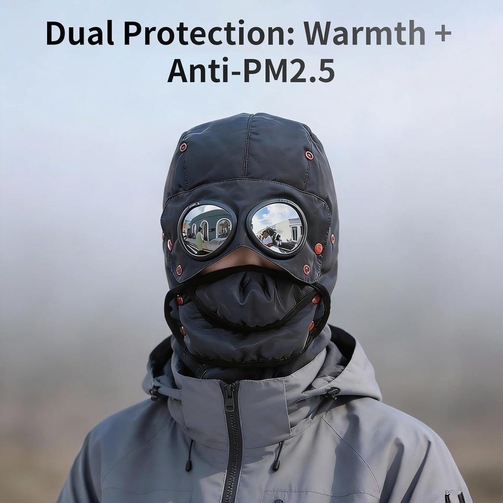 Winter Thermal Hat with Glasses, Trapper Hat for Men with Mask Pilot Face Ski Goggles Built in, Adjustable and Glasses