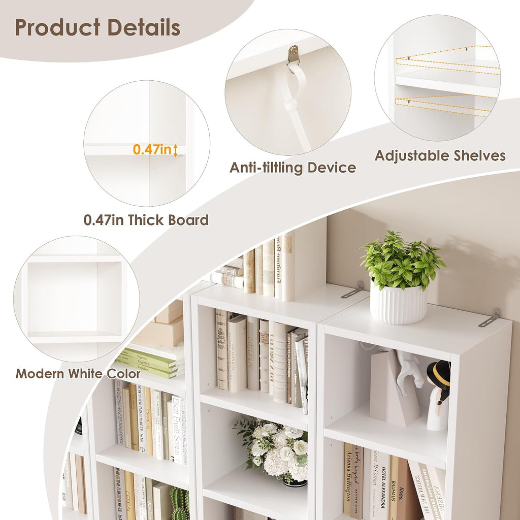 Fotosok White Bookshelf 8-Tier Narrow Bookshelf, 11.6 X 9.3 X 70.9 Tall Cd Dvd Media Tower Rack With 4 Adjustable Shelves, Tall Narrow Bookcase Slim Display Bookshelf With Cube Storage For Home Office