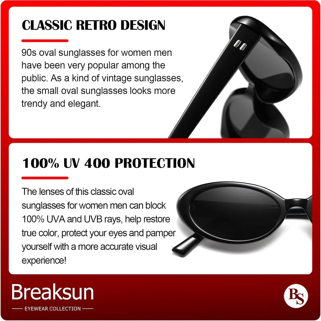 Breaksun Retro Oval Sunglasses for Women Men Fashion Small Oval Sunglasses 90s Vintage Shades 3 Pack (Black/Grey+ G15+ Brown Gradient)