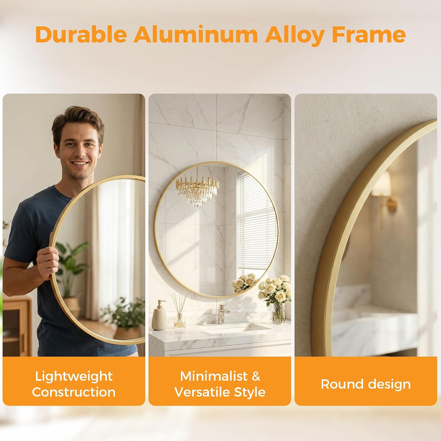 36 Inch Gold Round Bathroom Wall Mirror, Round Mirrors For Wall Decor, Circle Mirror For With Hd Shatter-Proof Glass For Entryway, Living Room, Bedroom, Dressing Room, Home Decor