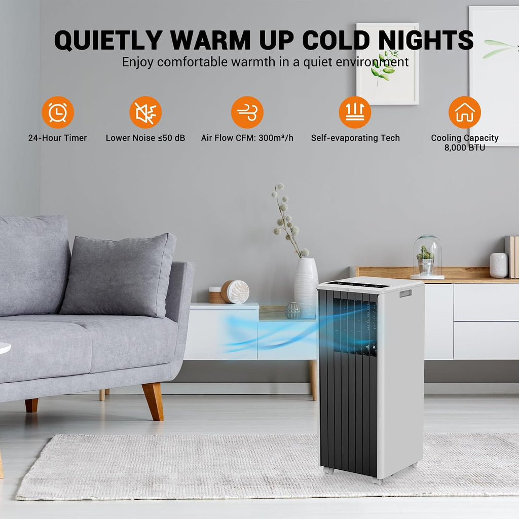 8,000 Btu Portable Air Conditioners, 4-In-1 Ac Unit With Cool, Fan, Dehumidifier & Sleep Mode, Up To 350 Sq.Ft, Quiet Operation, 24H & Remote Control For Bedroom, Living Room, Basement & Workshop