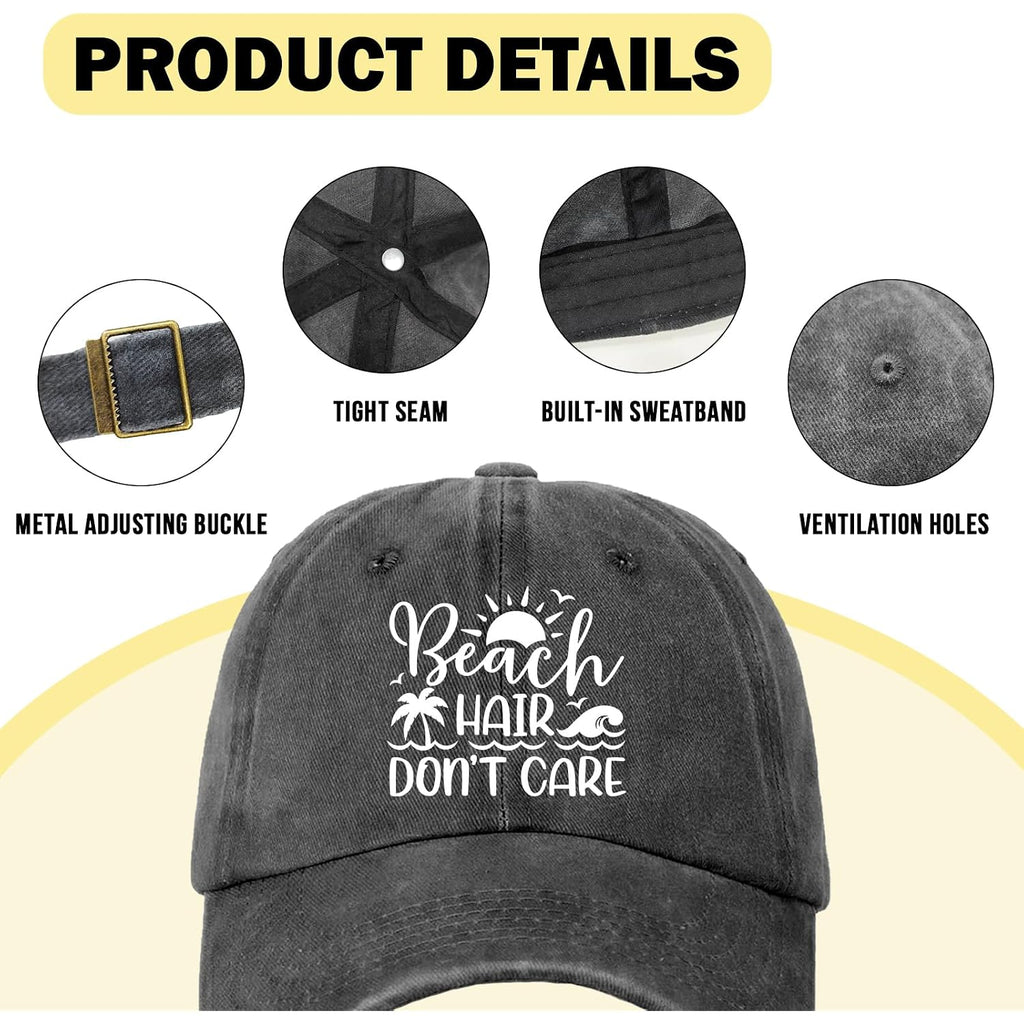 Funny Beach Printed Hat for Women - Beach Hair Don't Care - Adjustable Washed Cotton Sun Baseball Cap - Summer Gifts for Beaches Lovers - Birthday Gifts for Mom Wife Bestie White