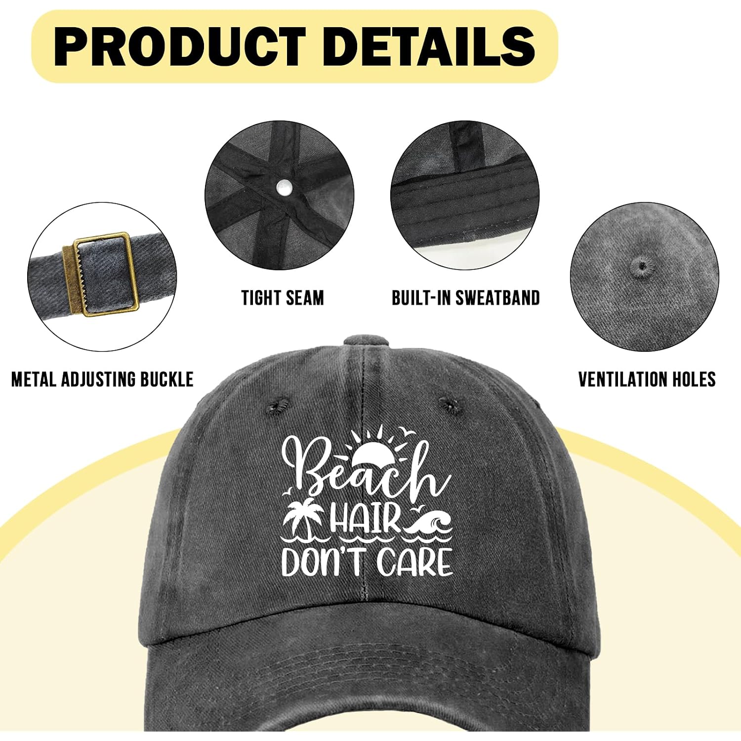 Funny Beach Printed Hat for Women - Beach Hair Don't Care - Adjustable Washed Cotton Sun Baseball Cap - Summer Gifts for Beaches Lovers - Birthday Gifts for Mom Wife Bestie White
