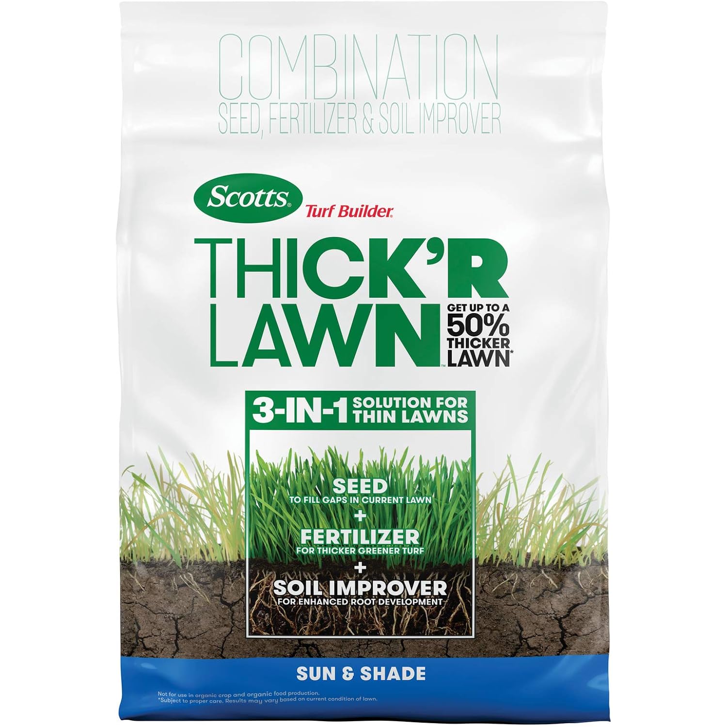 Scotts Turf Builder Thick'R Lawn Sun & Shade, 12 Lbs. | Combination Grass Seed, Lawn Fertilizer And Soil Improver, Thickens Thin Grass, Covers 1,200 Sq. Ft.