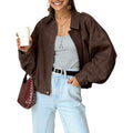 Womens Faux Suede Bomber Jacket Oversized Batwing Long Sleeve Zip Up Cropped Coat Streetwear