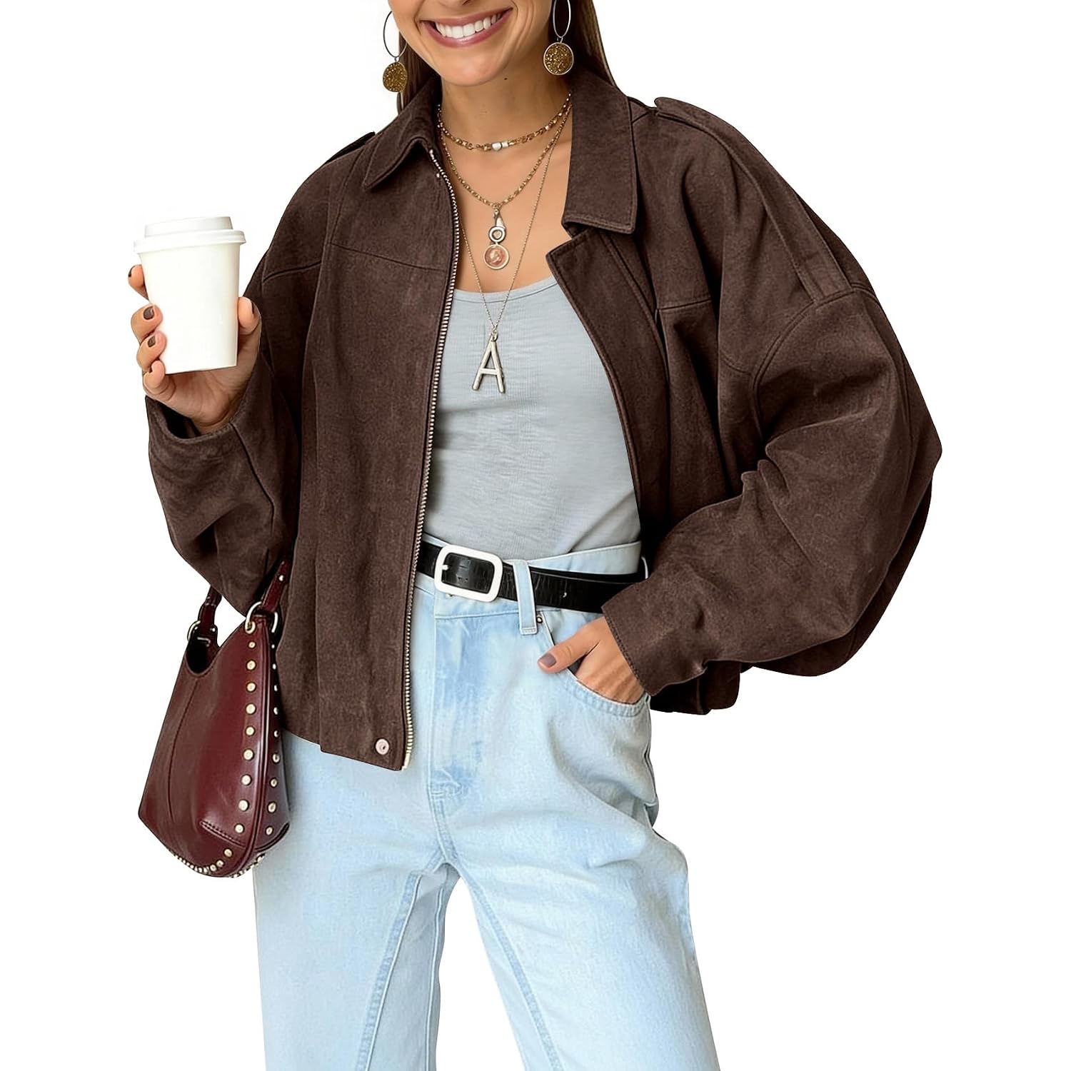 Womens Faux Suede Bomber Jacket Oversized Batwing Long Sleeve Zip Up Cropped Coat Streetwear