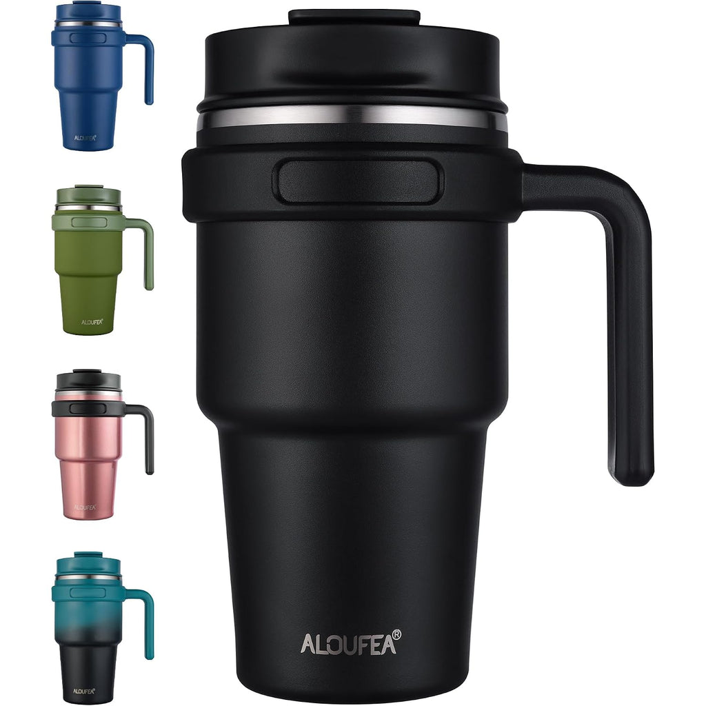 20 Oz Insulated Coffee Mug Tumbler With Handle, Stainless Steel Travel Mug Tumbler With Lid And Straw,Double Wall Vacuum Leak Proof Ice Coffee Thermal Cup, Black