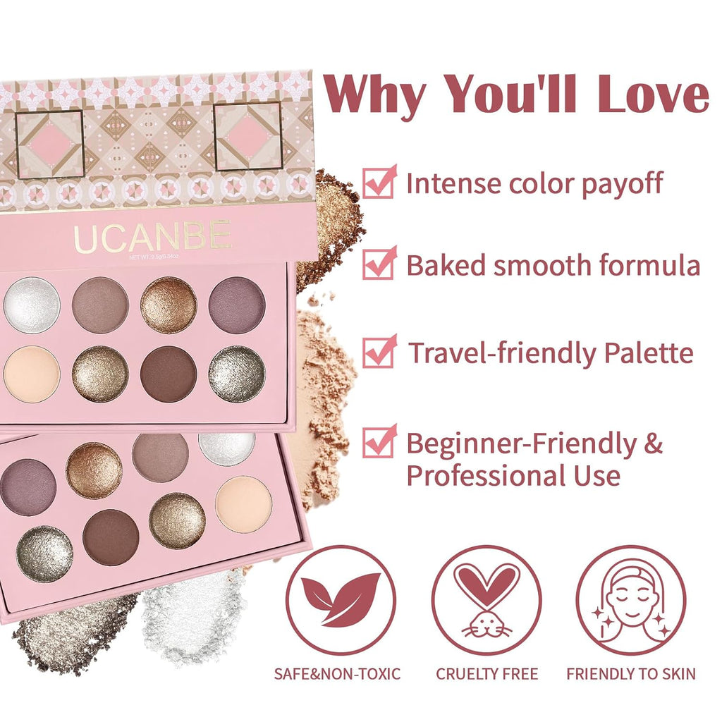 Ucanbe 8 Color Matte Sparkling Shimmer Baked Eyeshadow Palette – Highly Pigmented, Smooth & Blendable Formula With Neutral & Earthy Tones For Everyday & Dramatic Eye Makeup Pallet