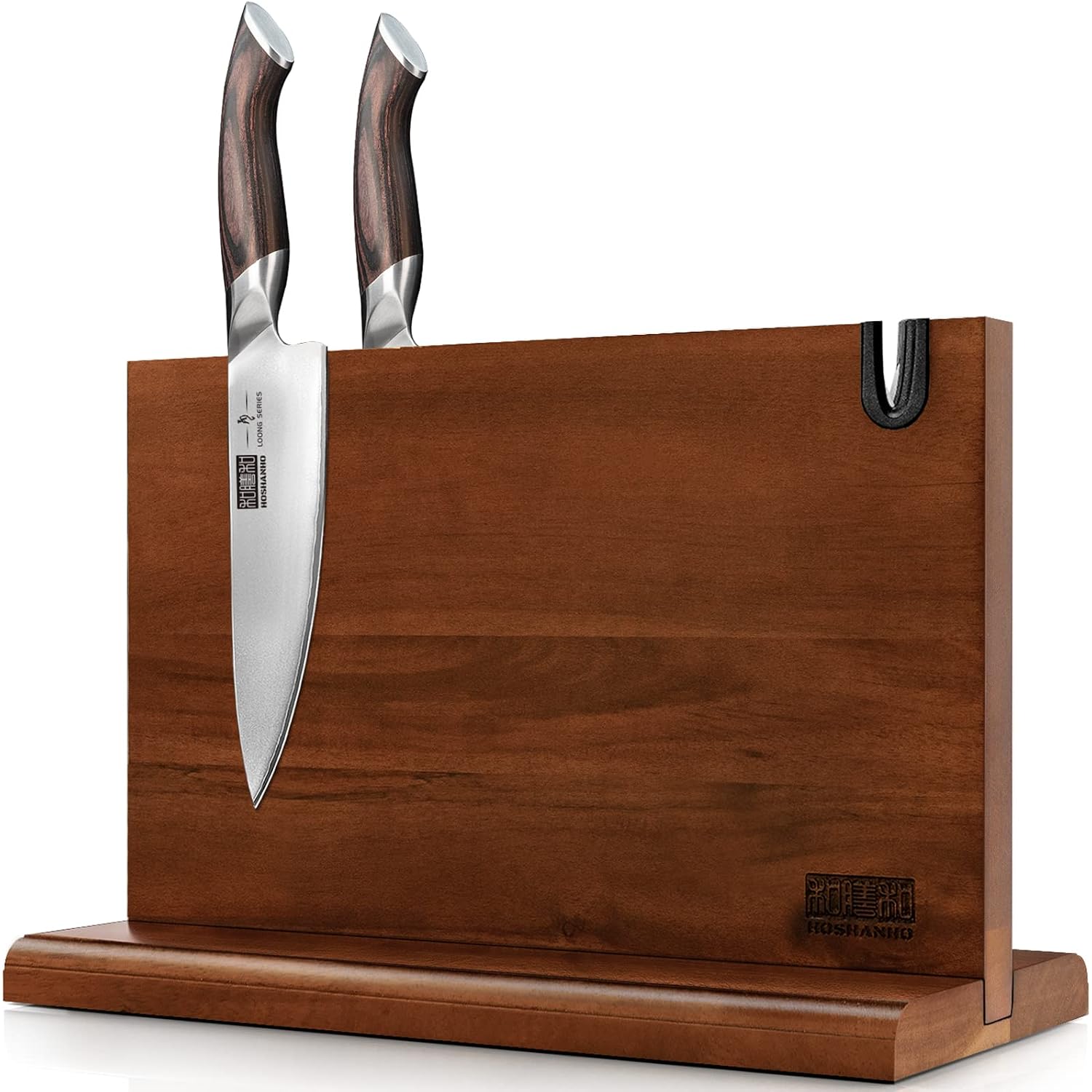 Hoshanho Magnetic Knife Block 14 X 10 Inches, Double Sided Magnetic Knife Holder Rack For Kitchen Counter, Acacia Wood Magnetic Knife Storage Stand With Knife Sharpener