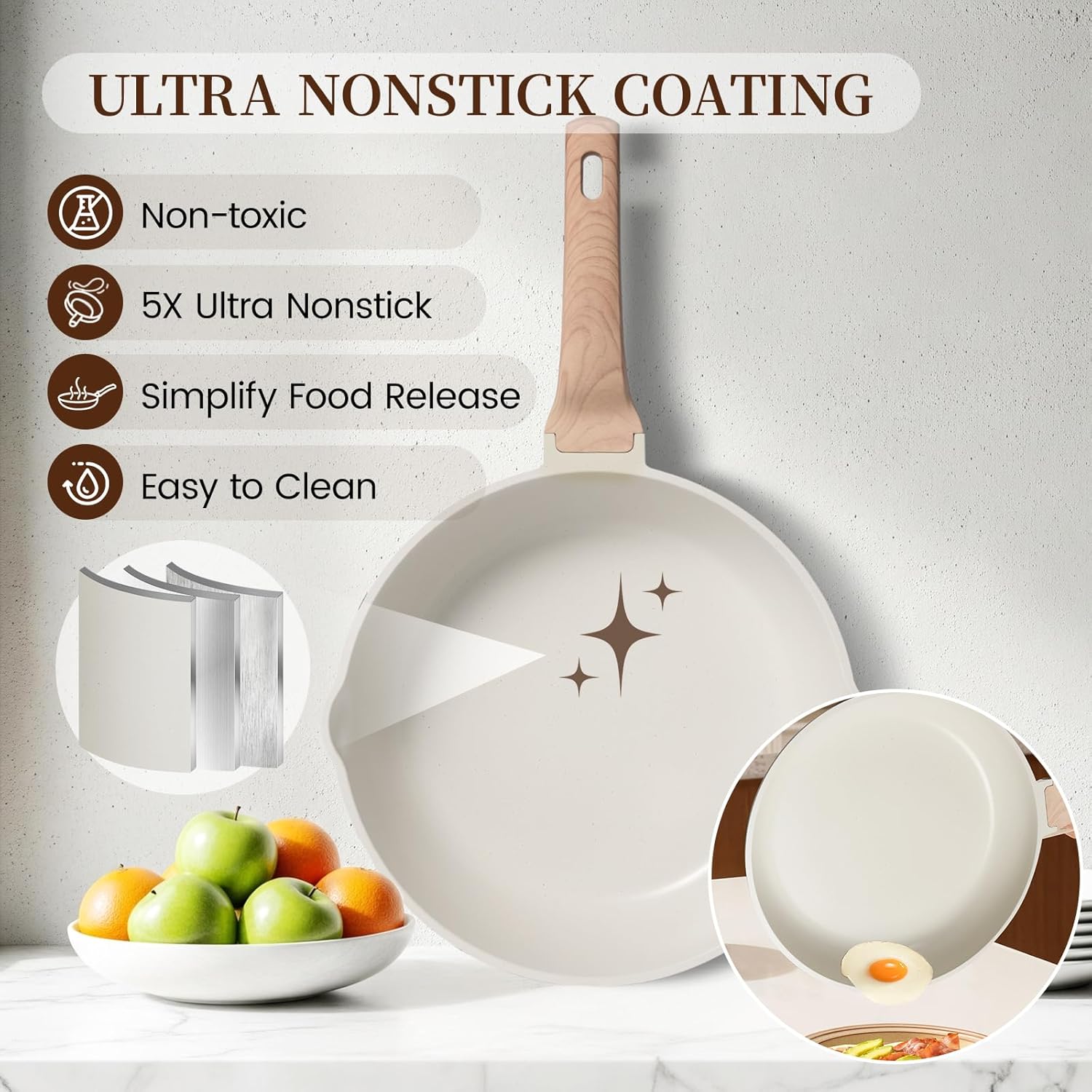 Kikcoin 16Pcs Ceramic Pots and Pans Set Non Stick, Includes a 9.5" Grill Pan, Induction Kitchen Cookware Sets, White Nonstick RV Kitchen Camping Cooking Sets Stackable (PTFE, PFOS, PFOA Free)