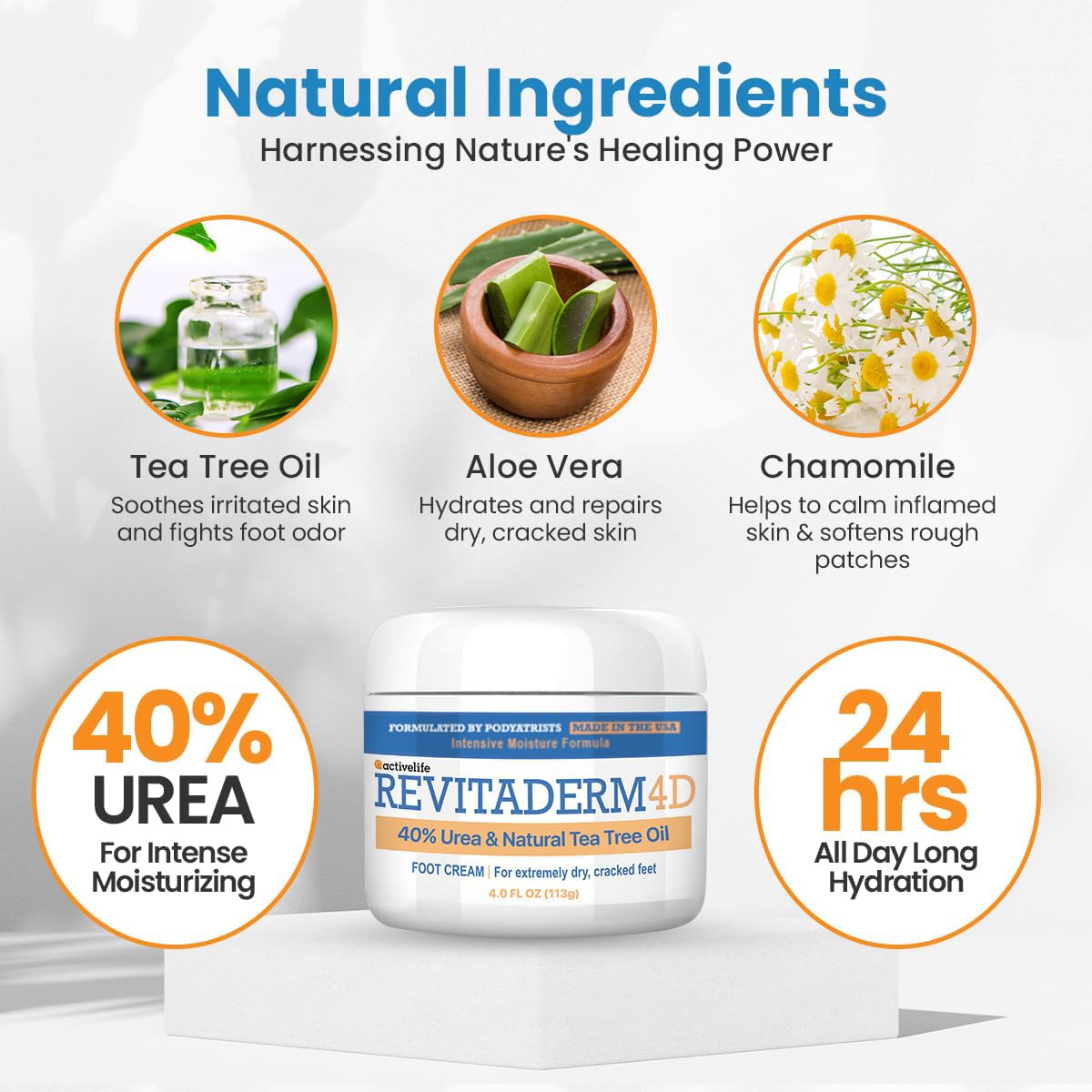 Revitaderm 4D 40% Urea Advanced Foot Cream for Cracked Heels & Dry Skin, Intensive Repair for Rough, Callused Feet, Fast Absorbing, Fragrance Free, Made in USA, 4 oz with Pumice & Brush, 1 Pack