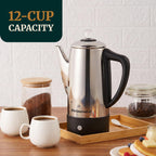 Elite Gourmet Ec812 Electric 12-Cup Coffee Percolator With Keep Warm, Clear Brew Progress Knob Cool-Touch Handle Cord-Less Serve, Stainless Steel