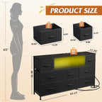 Wlive Black Dresser Tv Stand For 45, 50, 55 Inch Tv, Entertainment Center With Led Lights & Charging Station, Chest Of Drawers With 8 Fabric Drawers And Open Shelves For Living Room, Hallway, Wood Top