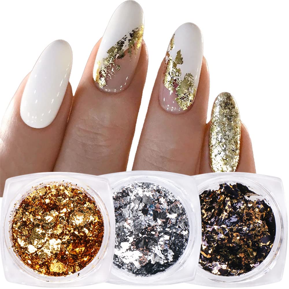 Nail Foil Holographic Glitter Nail Powder Kit Nail Art Gold Silver Glitter Aluminum Flakes Magic Mirror Effect Powders Sequins Nail Gel Polish Chrome Pigment Decorations 4 Box/Set
