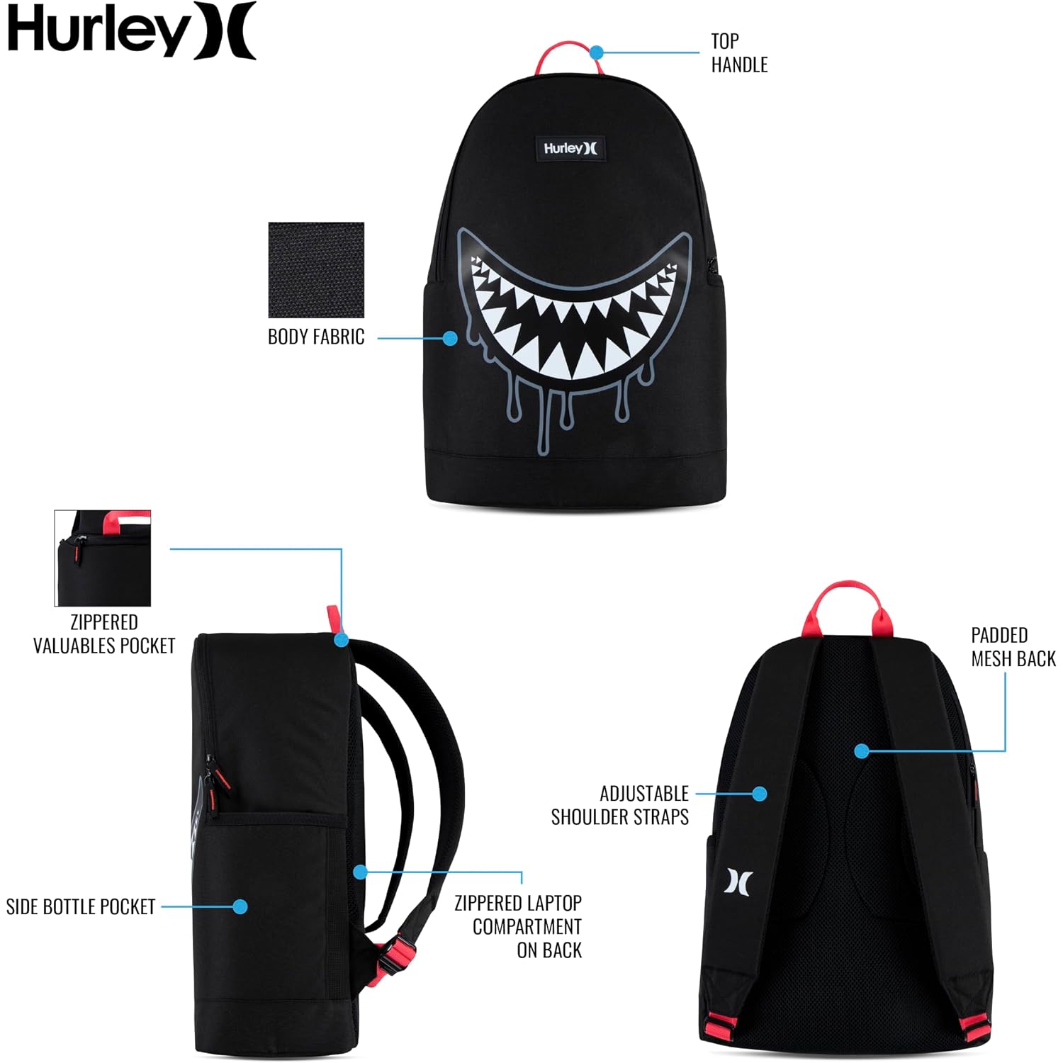 Hurley Unisex-Kids Graphic Backpack, Blue Lazer/Black, One Size