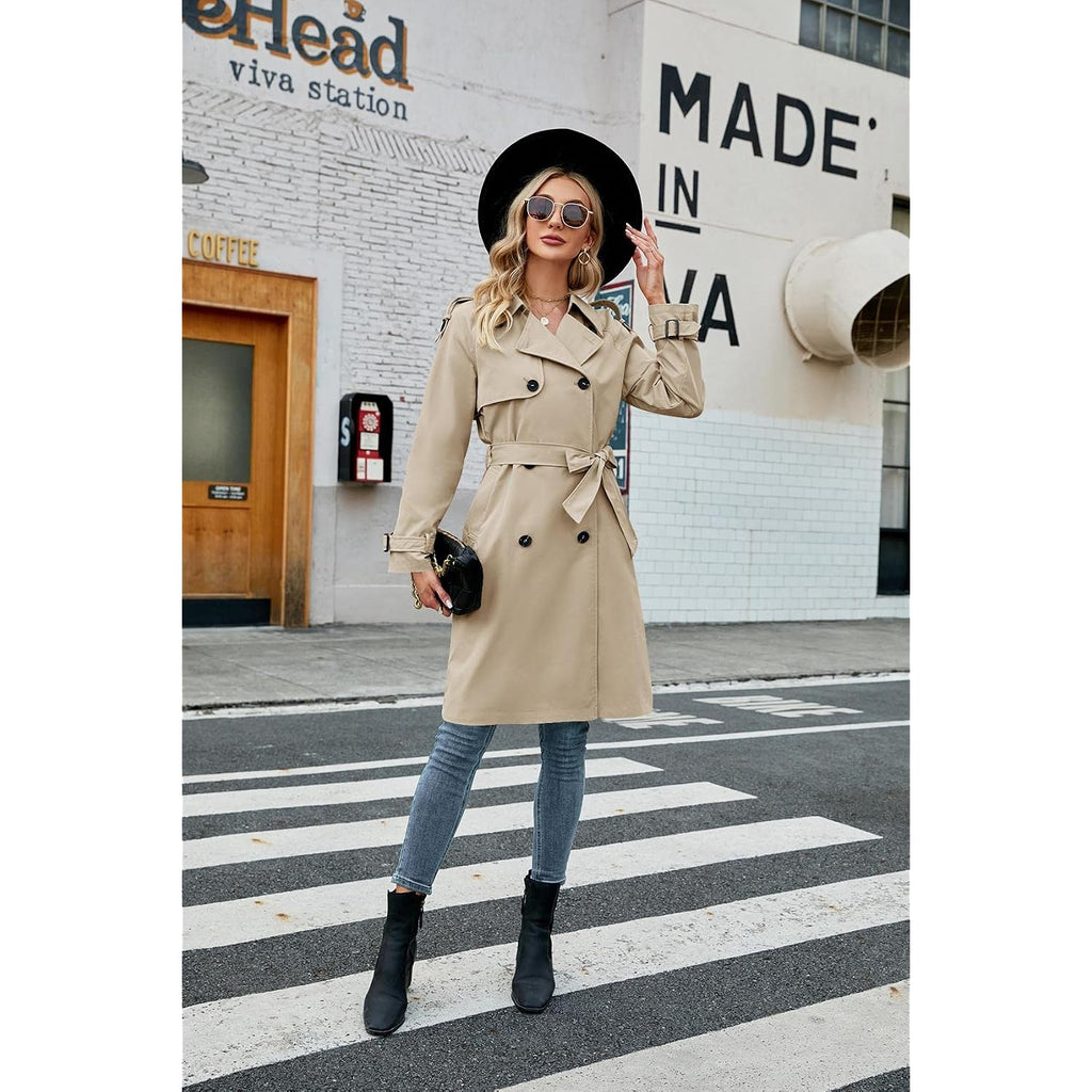 Women'S Double Breasted Long Trench Coat Windproof Classic Lapel Slim Overcoat With Belt