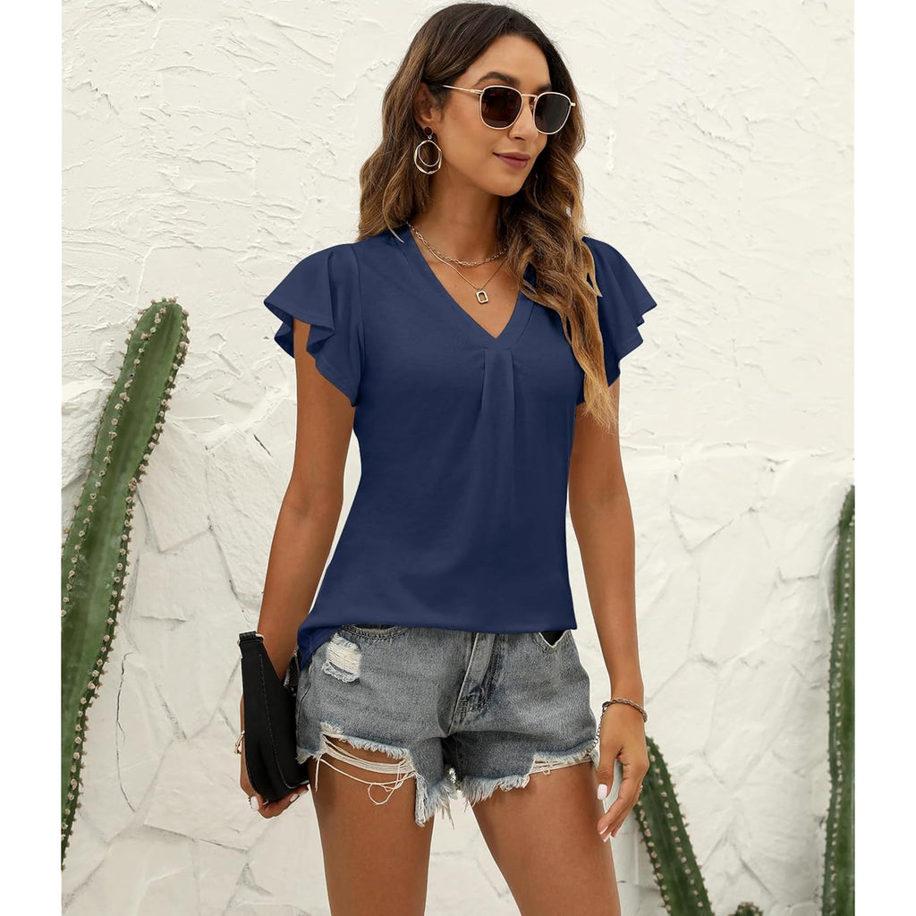 Women'S Summer Tops Ruffle Sleeve V Neck Tunic Shirts Business Casual Flowy Blouses For Women
