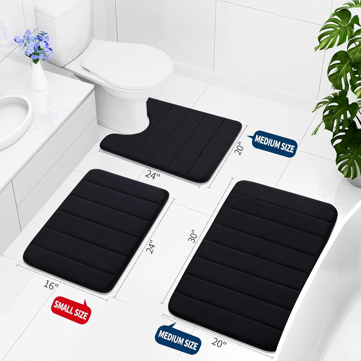 Memory Foam Bath Mat, 30" X 20", Ultra Soft Bathroom Rugs, Water Absorbent And Machine Washable Bath Rug For Bathroom, Shower, And Tub, Black