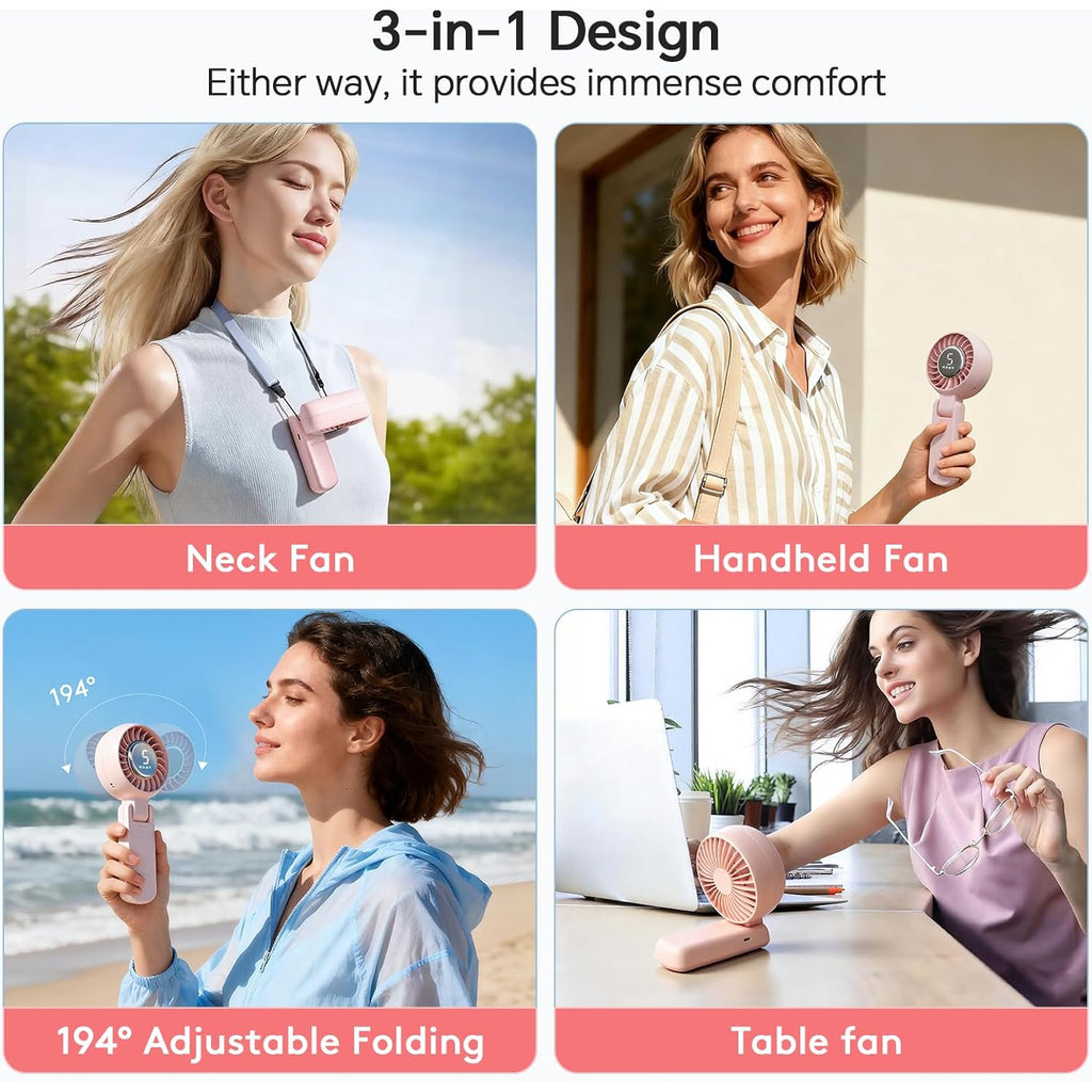 Zozoo Portable Handheld Fan, 5 Gear High Speed, Rechargeable Mini Personal Hand Fan, Up To 14 Working Hours, 3 In 1 For Travel, Beach Vacation, Camping, Gifts For Women, (Pink)