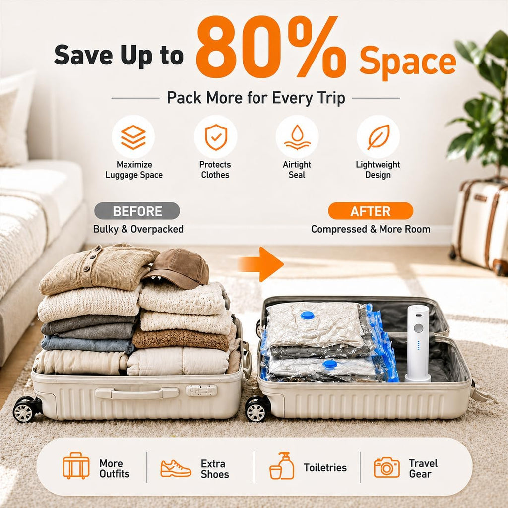 12 Pack Vacuum Bags For Travel With Rechargeable Air Pump, Carry-On Compression Bags For Luggage And Suitcase, Space Saver Storage For Clothing And Travel Organization