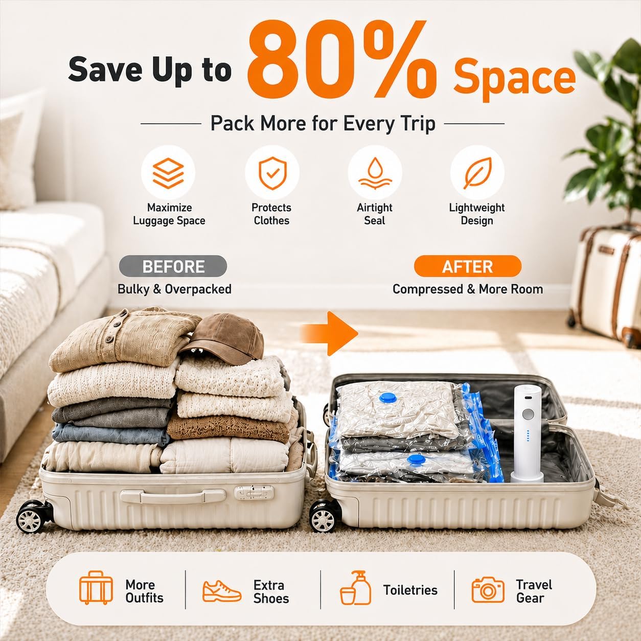 12 Pack Vacuum Bags For Travel With Rechargeable Air Pump, Carry-On Compression Bags For Luggage And Suitcase, Space Saver Storage For Clothing And Travel Organization