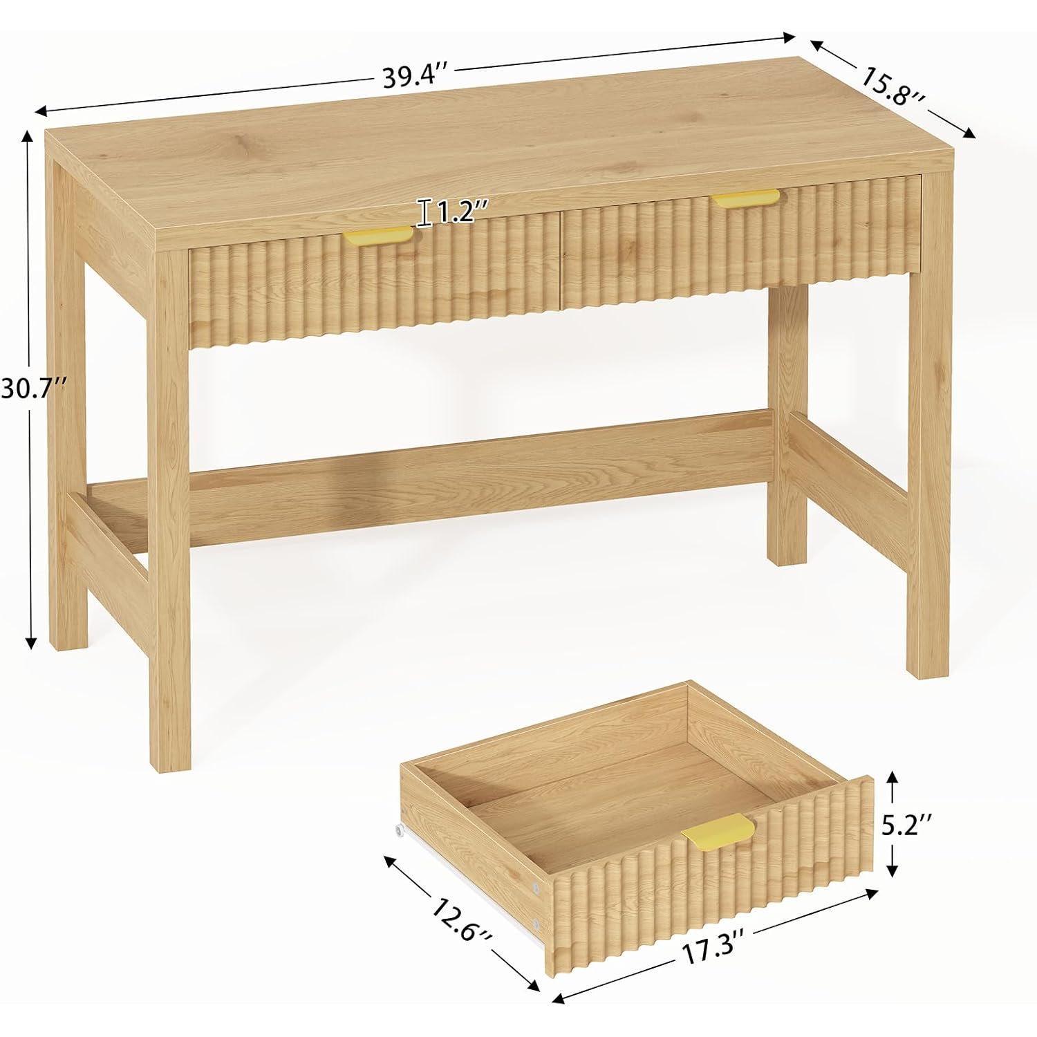 Fluted Computer Desk With 2 Drawers, 39 Inch Small Computer Desk With Storage, Compact Writing Study Desk For Small Spaces