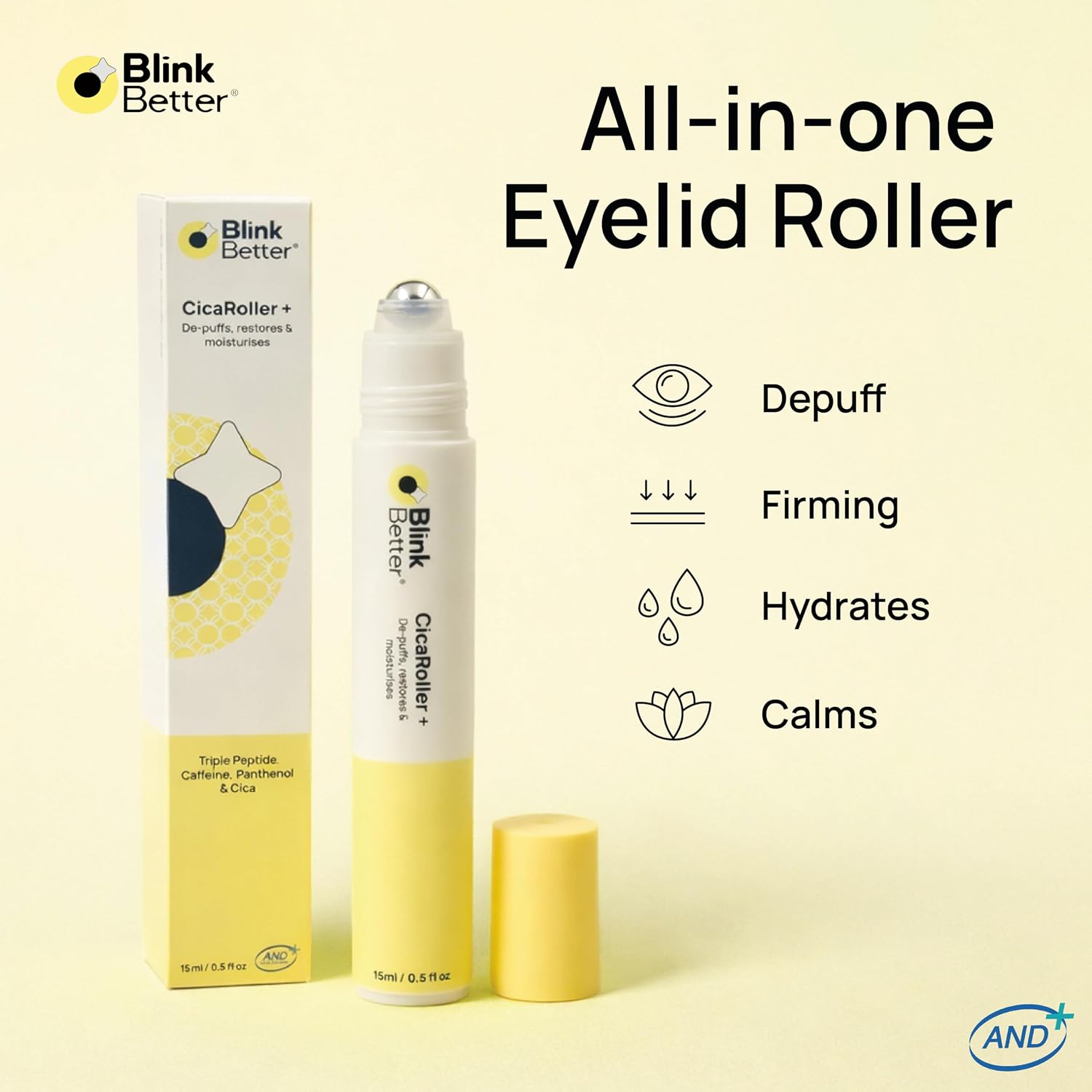 Blinkbetter Cicaroller+ Cooling Eye Roller Serum For Eyelids And Under Eyes – Refreshes, Revitalizes, Smooths & Hydrates Tired Eyes With 2.5% Caffeine, Peptides, Cica & Panthenol, 15 Ml
